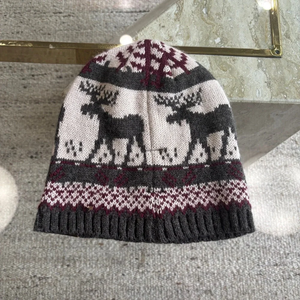 Woolrich Beanie Unisex OS Grey Moose Fair Isle Excellent Knit Winter Hat